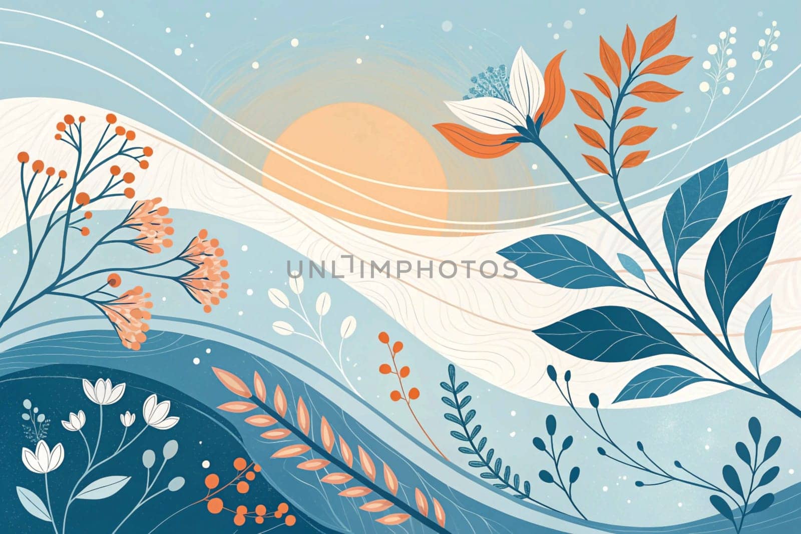 A stylized illustration of a sun rising above a landscape of flowing, blue waves, with colorful floral elements. The scene suggests a sense of peace, tranquility, and renewal. A high-quality photo.