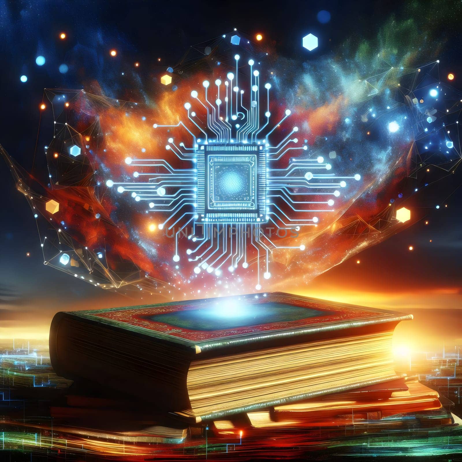 A surreal image depicting a glowing, blue circuit board floating above a stack of antique books. The scene suggests the merging of traditional knowledge with modern technology. A high-quality photo.