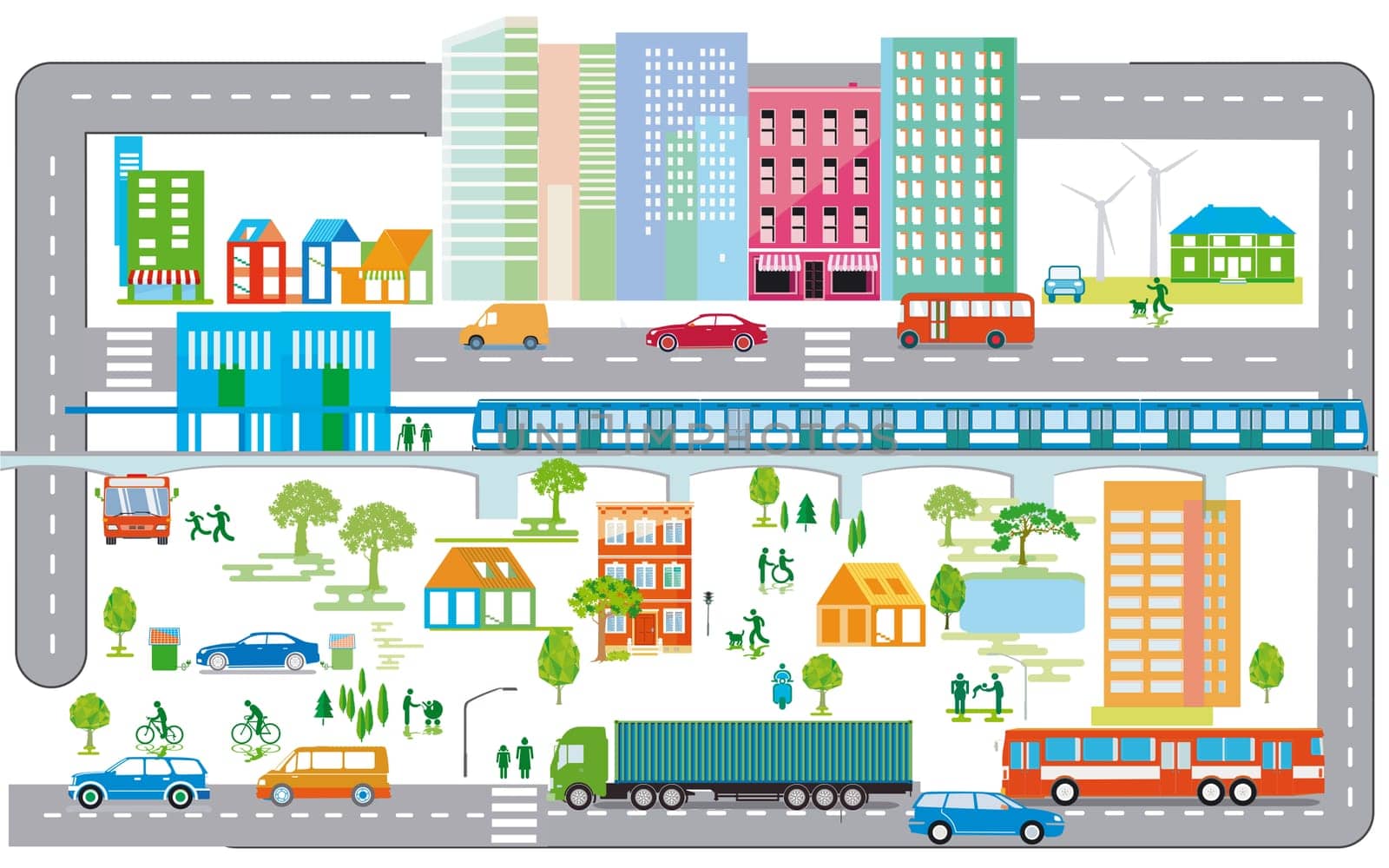 City overview with traffic and houses, information illustration