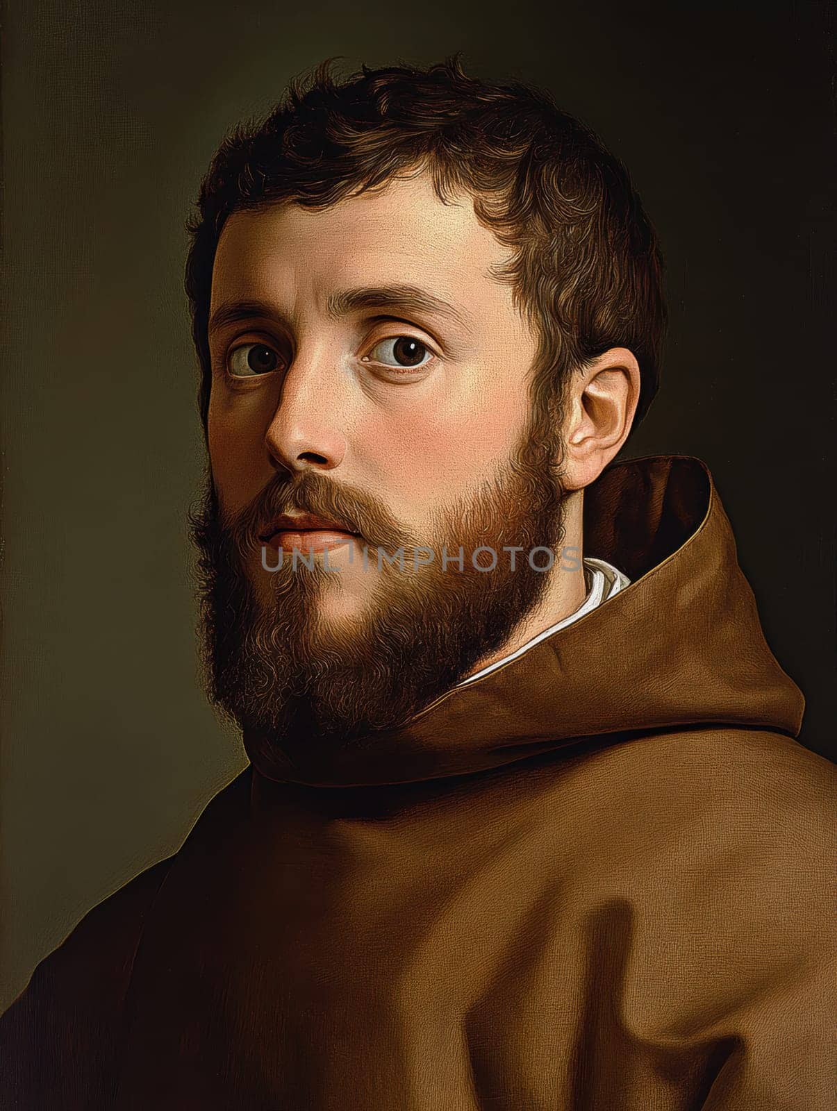 st Francis of Assisi, young man, monk, beard, brown clothing, AI generative.