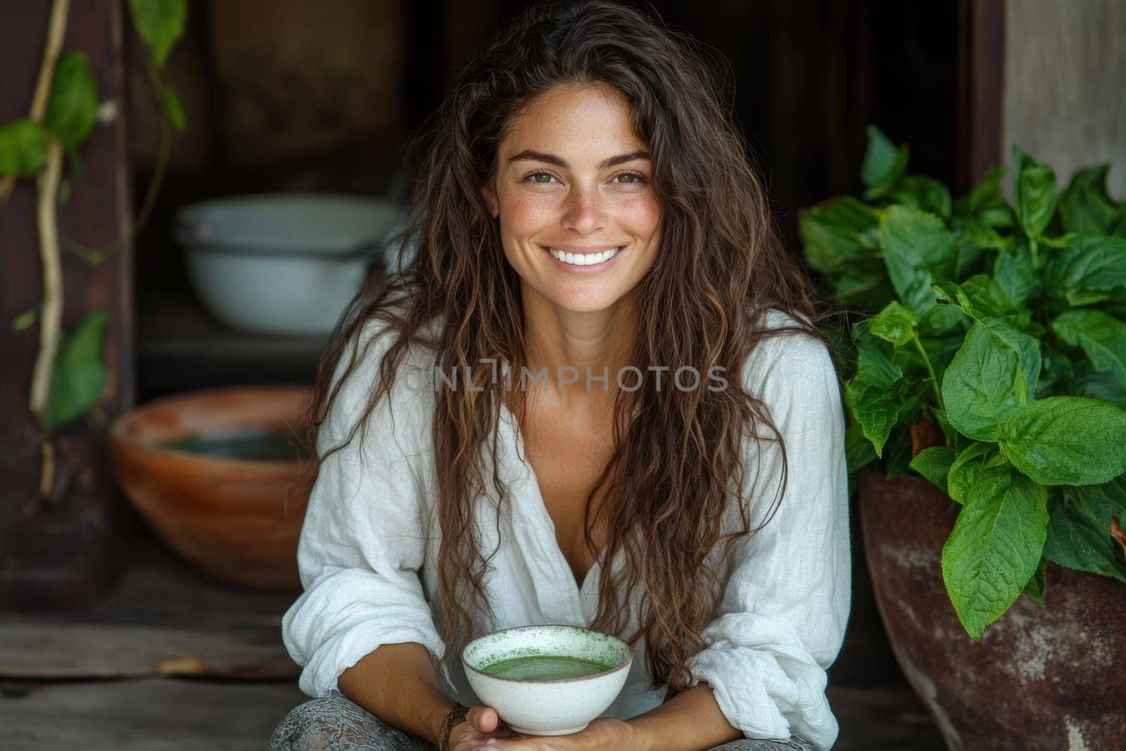 sitting smiling young woman drinking matcha tee. AI generative.