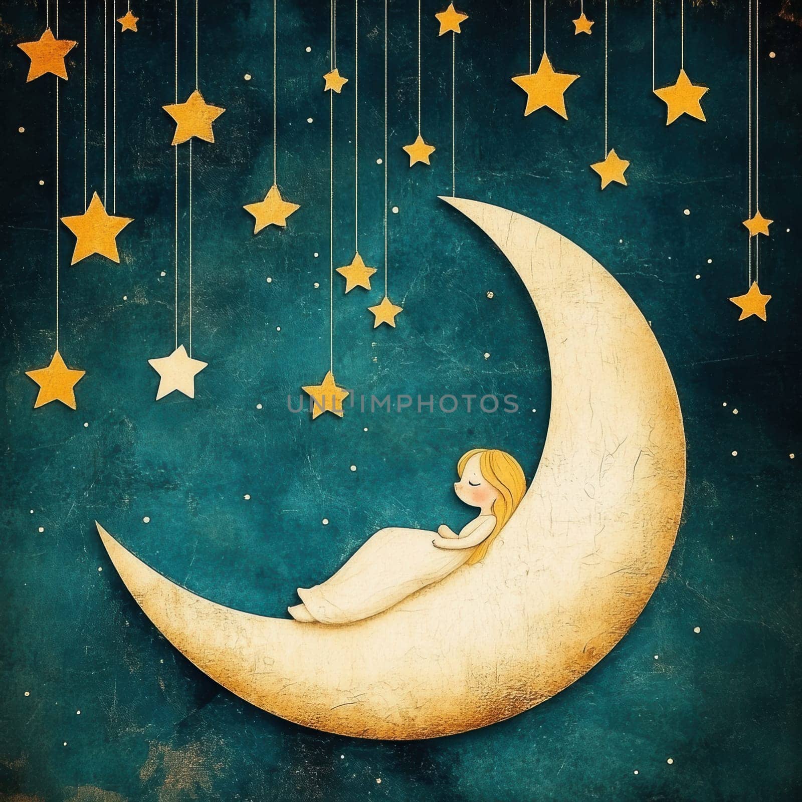 The image of the cute girl sleeping on the moon with stars suspended by thin threads . AI generative.