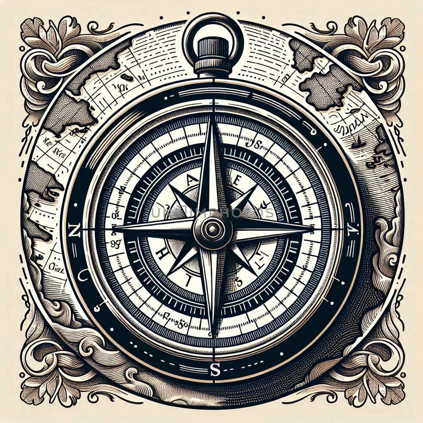 A vintage compass with a map in the background, surrounded by ornate floral details. The compass symbolizes direction, exploration, and adventure. A high-quality photo.