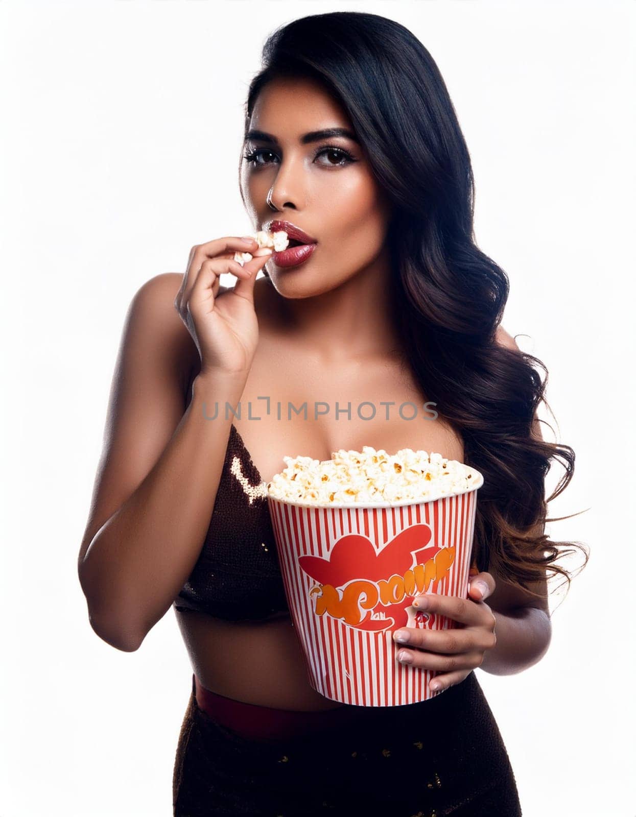 gorgeous young woman eating pop corn, AI generated image