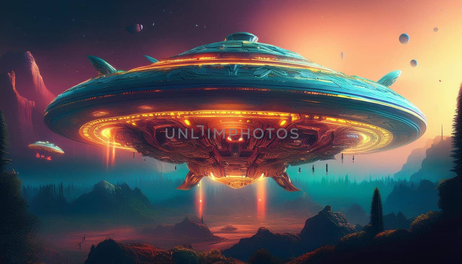 aliens flying saucer illustration, AI generated image