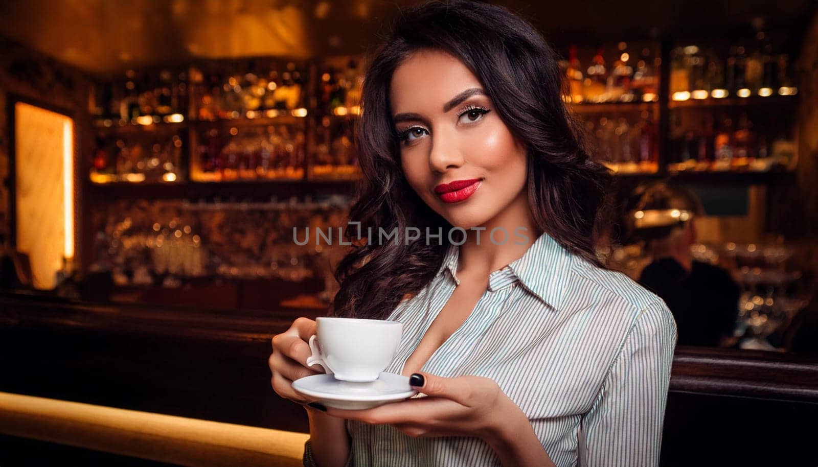 beautiful barmaid serving cup of tea, AI generated image