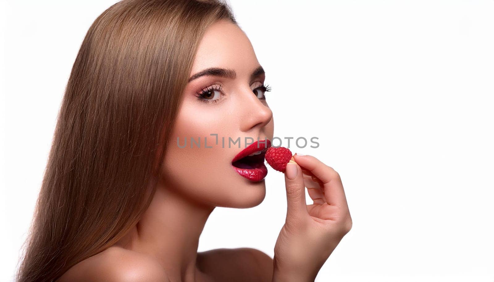 gorgeous young woman eating raspberries, AI generated image