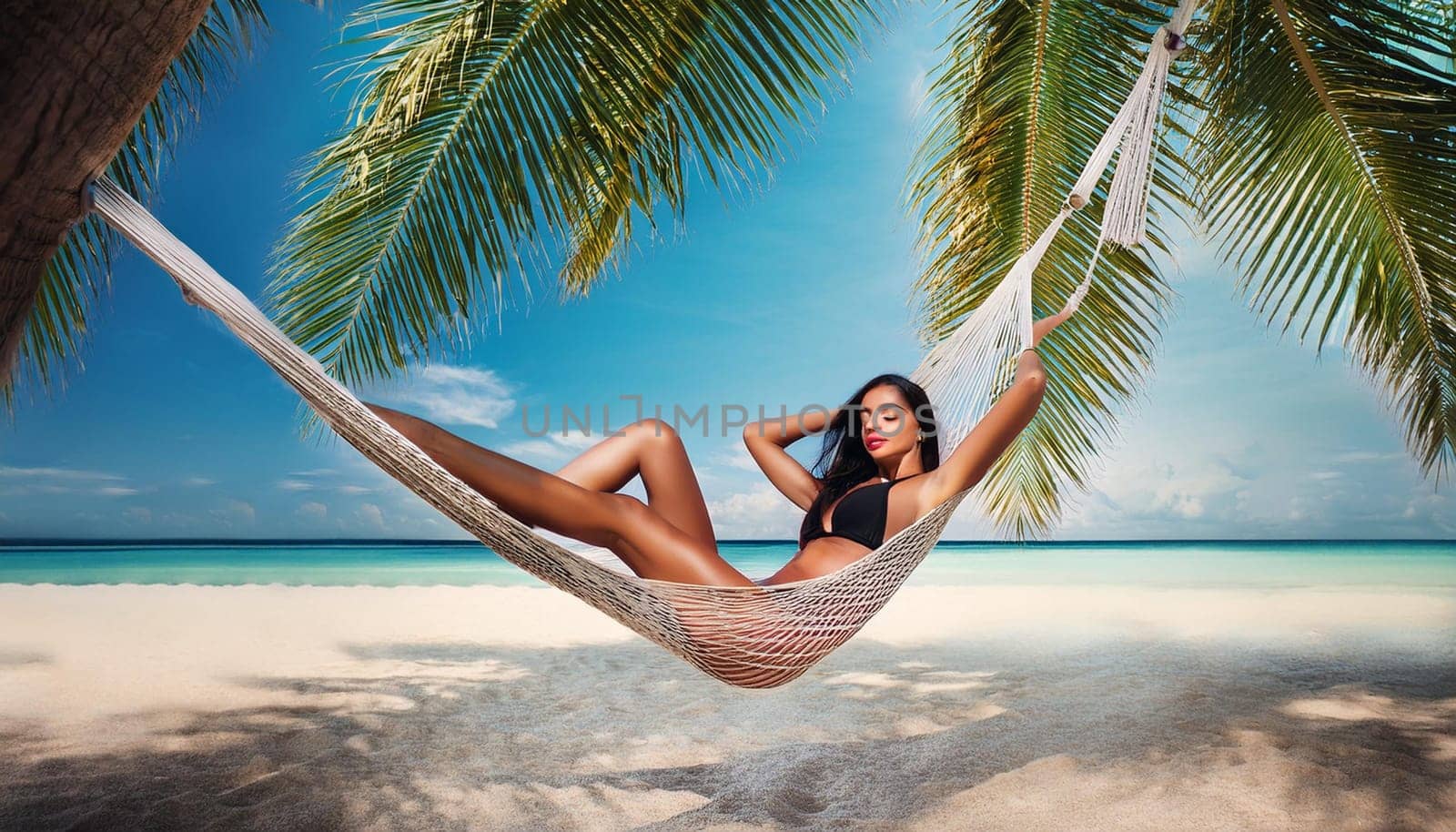 gorgeous young woman relaxing on hammock, AI generated image