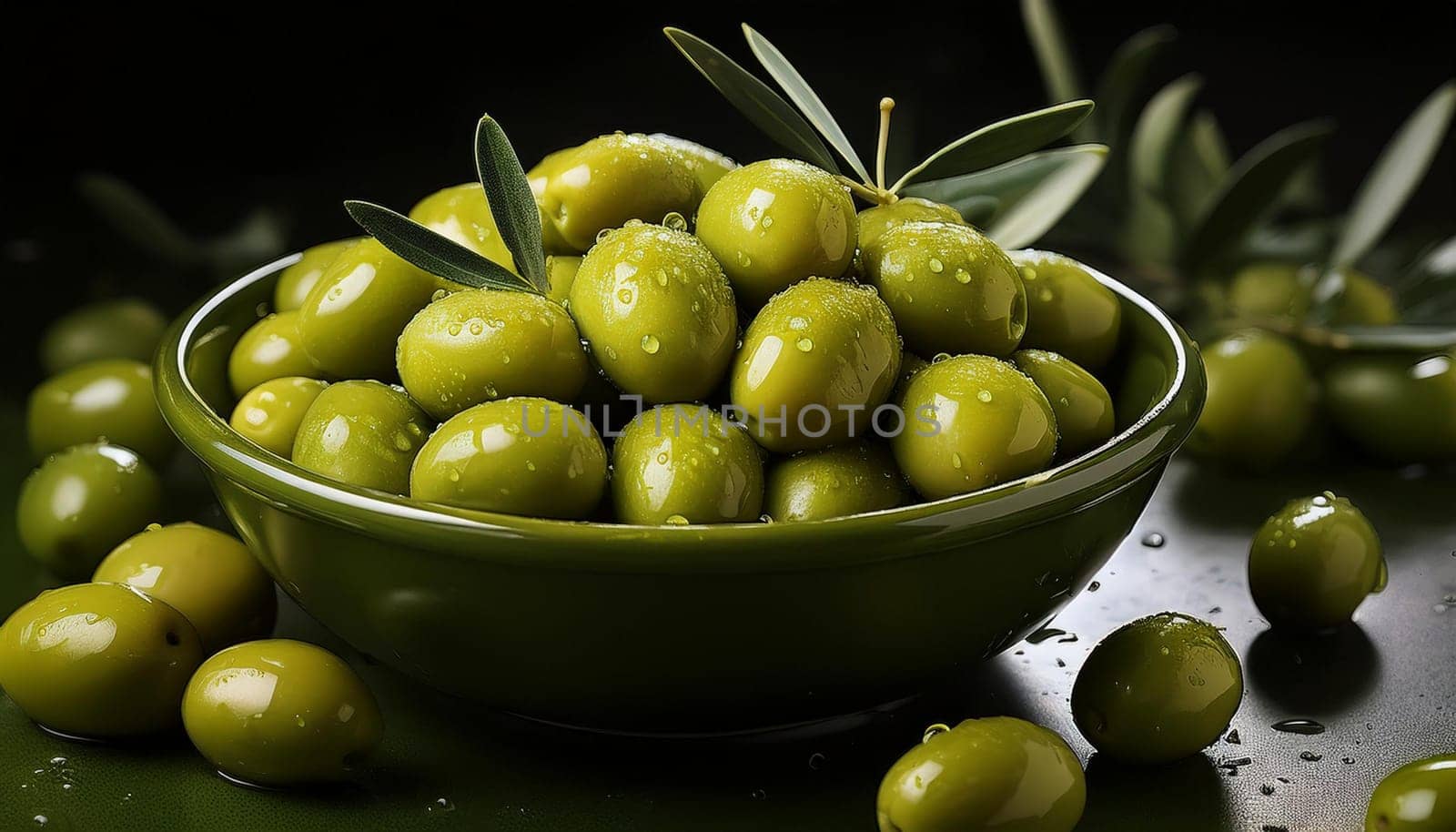 bowl of green olives vegan food, AI generated image