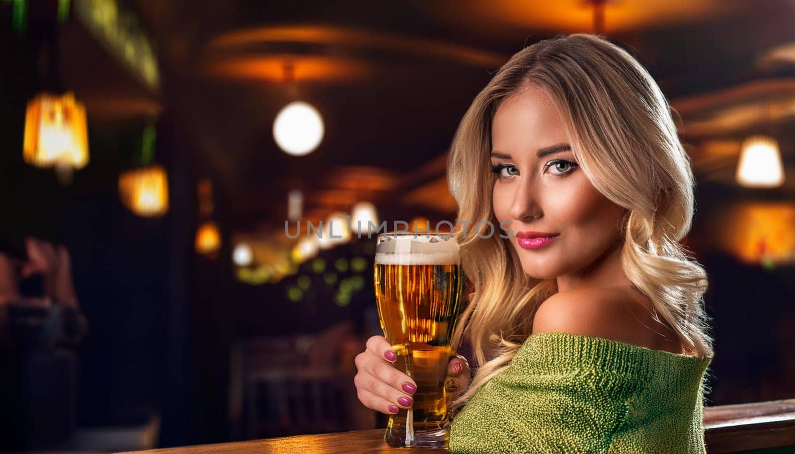gorgeous young woman drinking beer at the pub, AI generated image