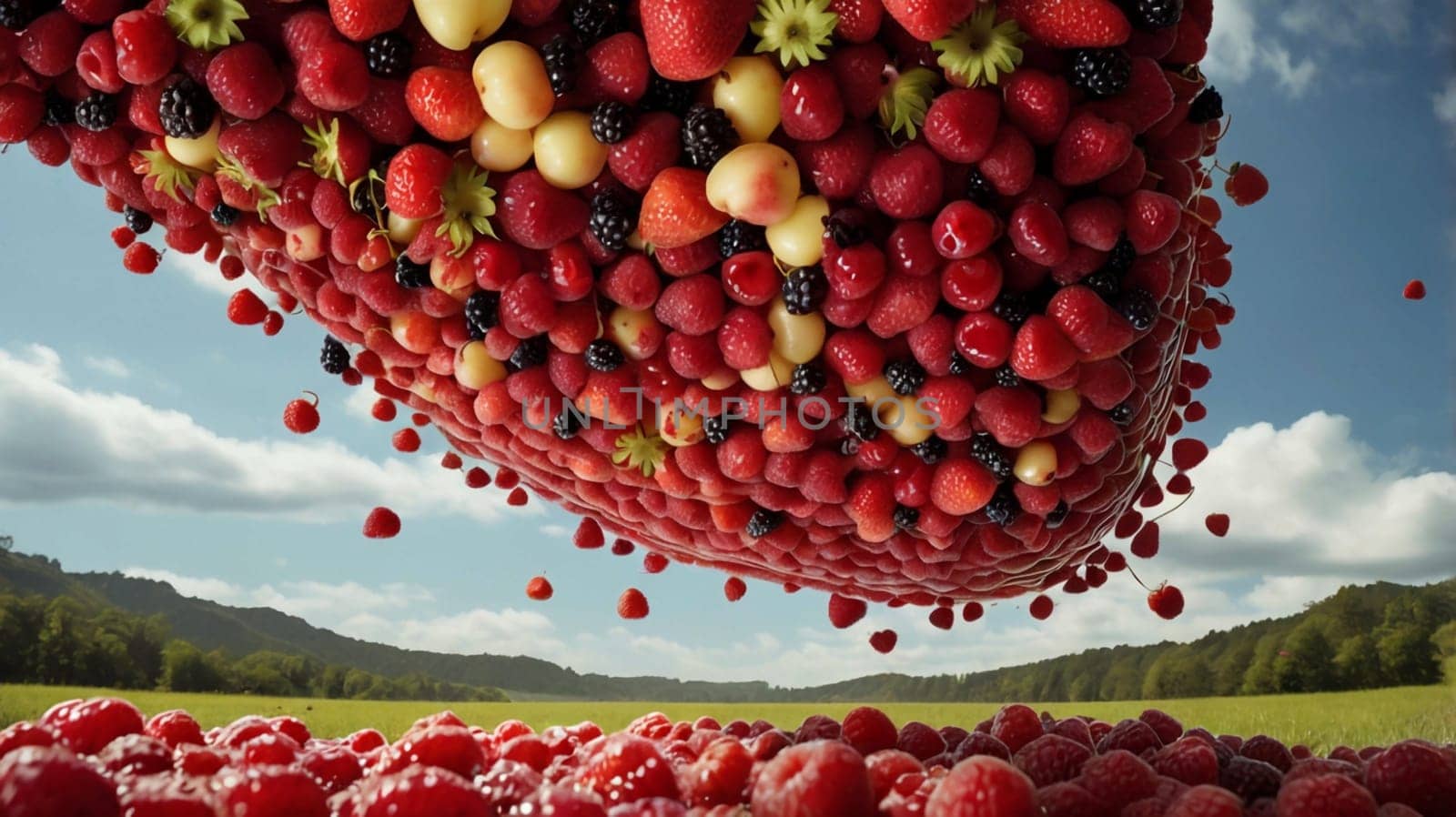 A surreal image of a giant pile of various berries, cascading down towards a field, creating a sense of abundance and nature's bounty. A high-quality photo.
