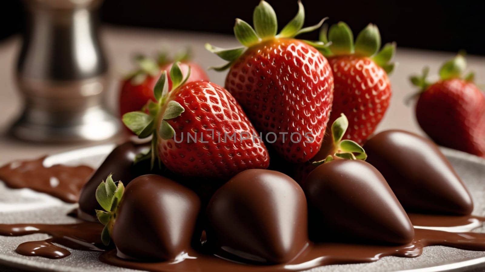 A close-up shot of chocolate-covered strawberries on a plate with melted chocolate, creating a delicious and tempting visual. A high-quality photo.