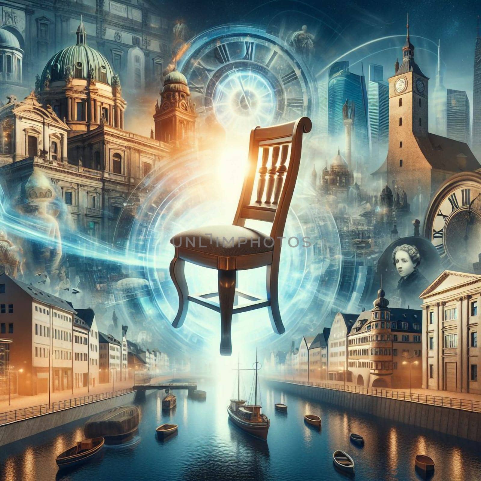 A surreal image of a wooden chair floating in the air, surrounded by a montage of historical buildings, clocks, and figures. A high-quality photo.