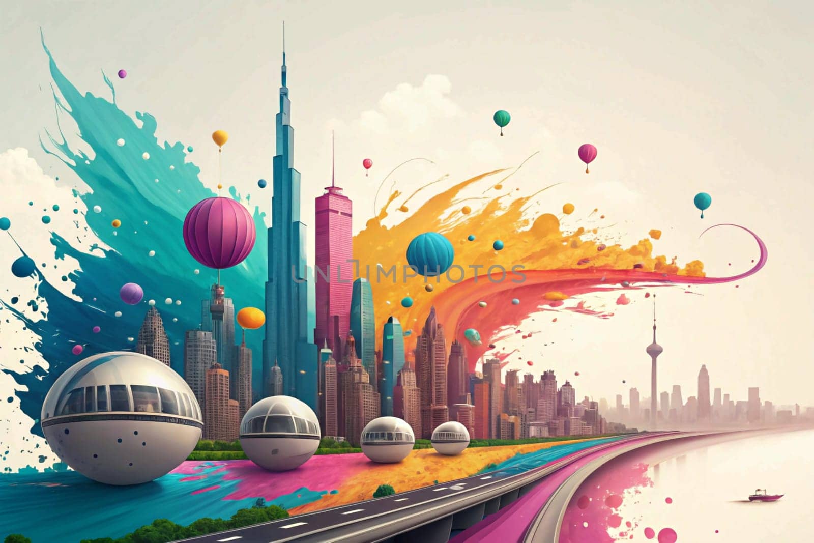 A vibrant and whimsical illustration of a futuristic cityscape with colorful paint splatters, hot air balloons, and futuristic vehicles. A high-quality photo.