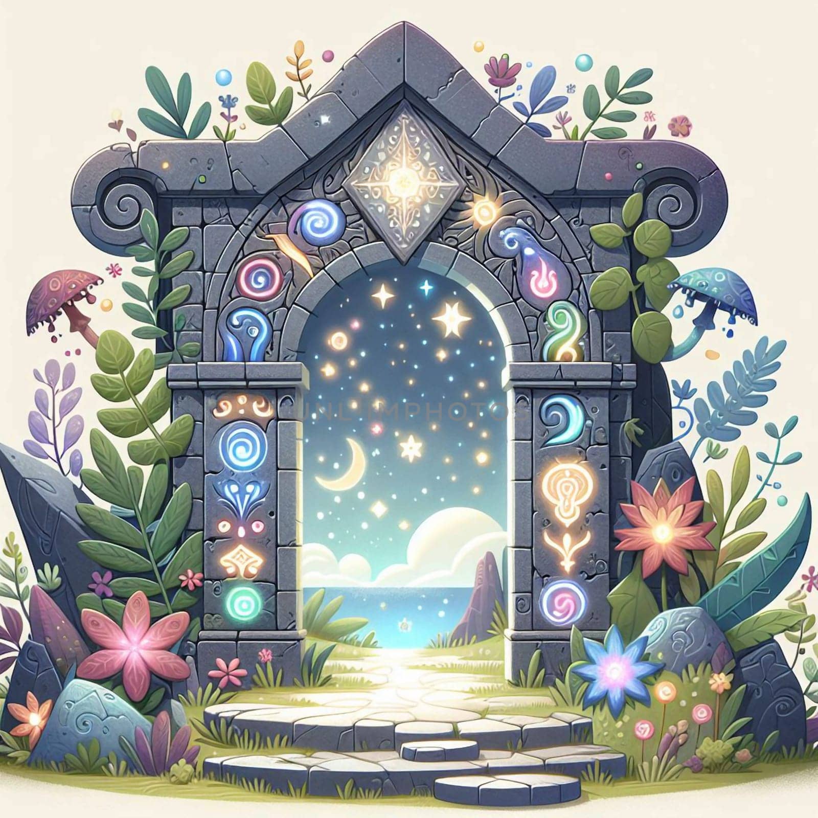 A whimsical illustration of a stone archway with glowing symbols, leading to a fantastical landscape of a starry night sky and a calm ocean. A high-quality photo.