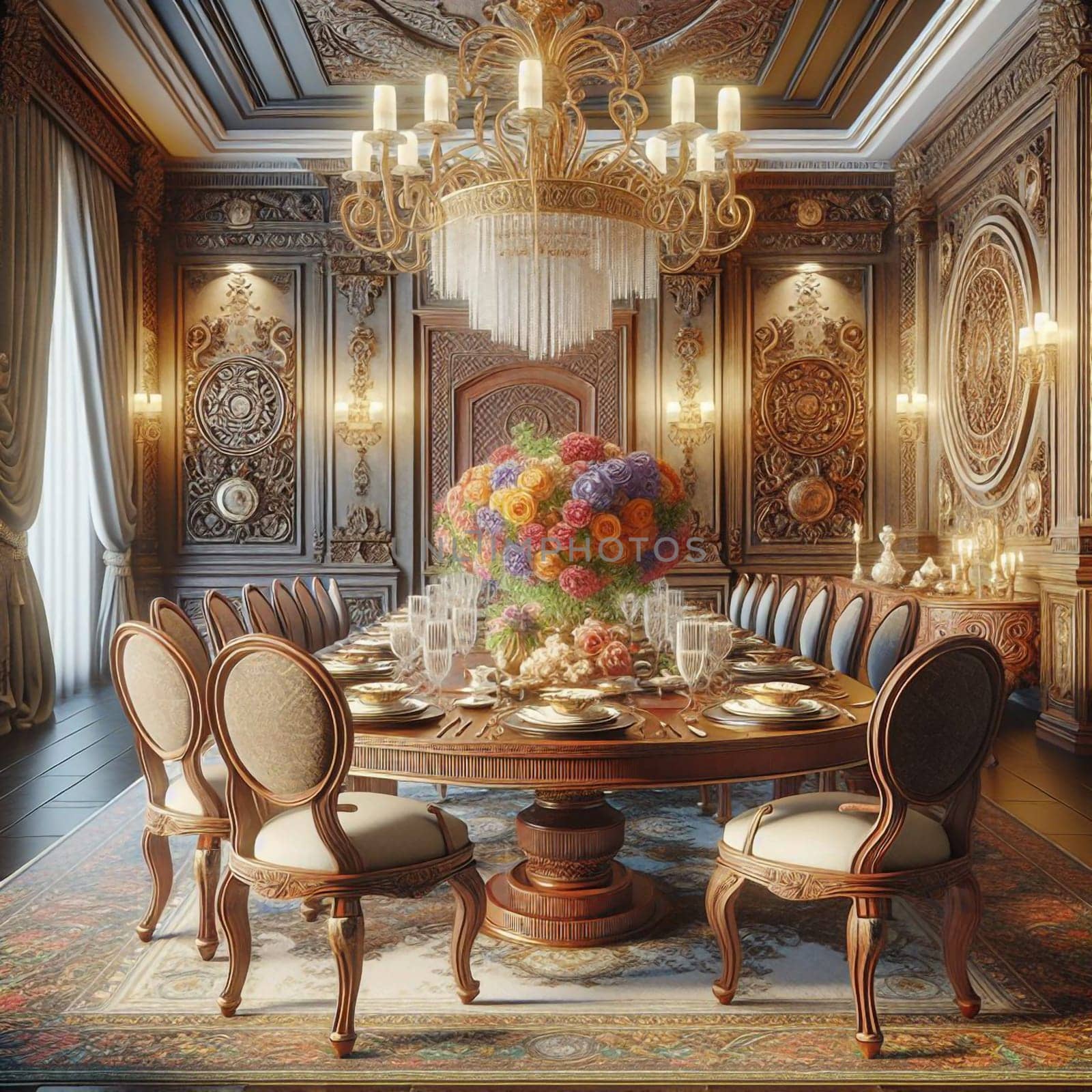 A luxurious and elegant dining room interior with ornate gold accents, a large chandelier, and a table set for a formal dinner. A high-quality photo.