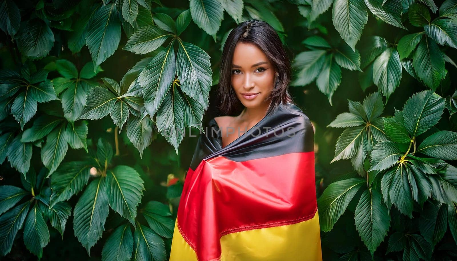gorgeous woman wrapped in flag of germany, AI generated image