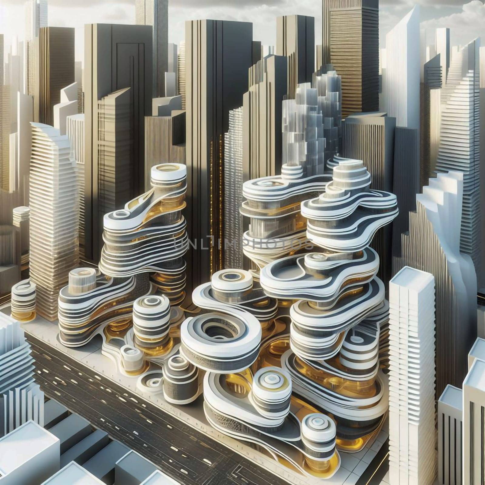 An architectural rendering of a futuristic city with unique, organic-shaped buildings and a winding road. A high-quality photo.