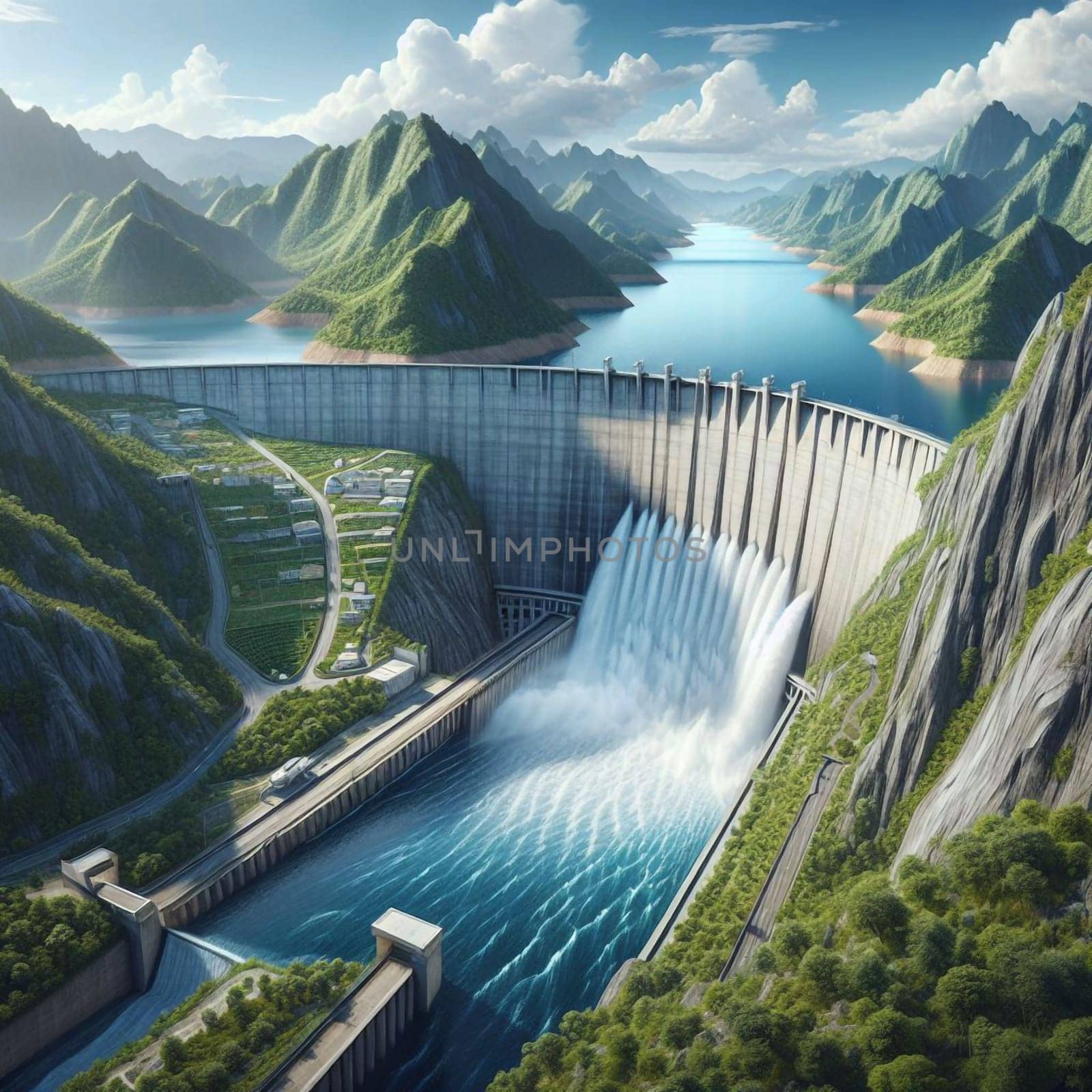 A panoramic aerial view of a large dam with water cascading over it, surrounded by lush green mountains and a lake. A high-quality photo.
