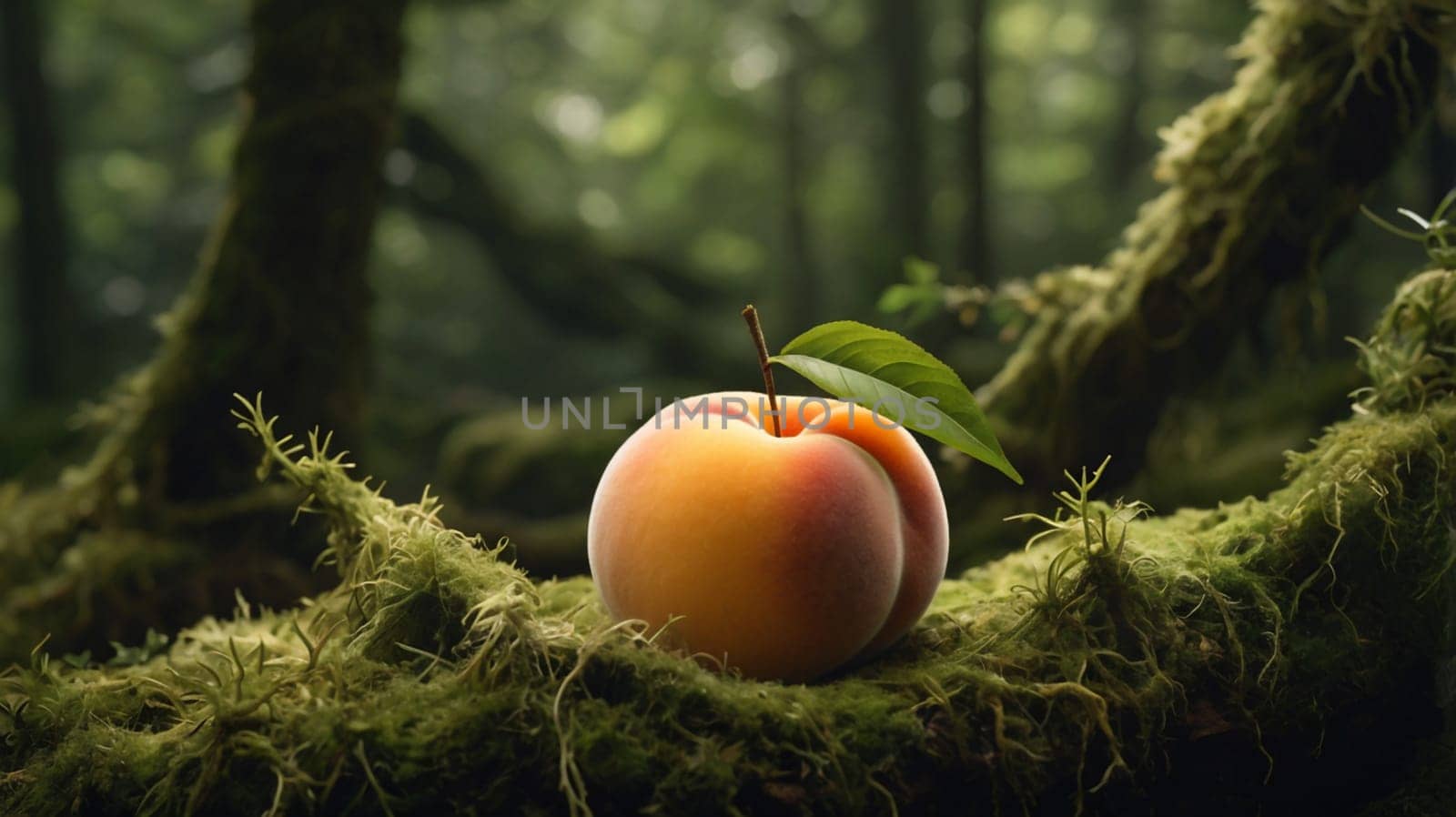 A close-up of a peach with a leaf, resting on a mossy branch in a forest. A high-quality photo.