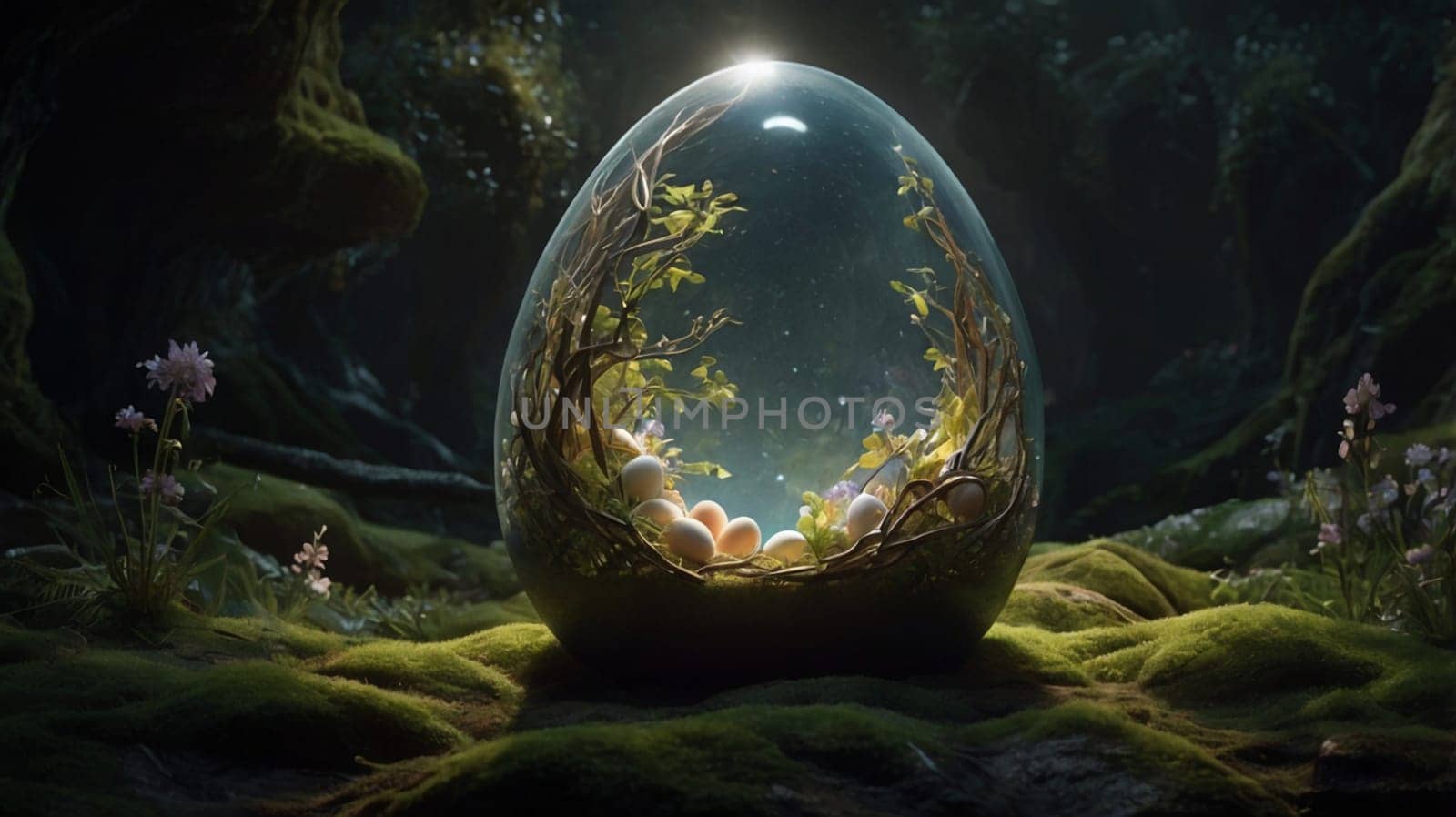 A magical and mystical image of a giant, transparent egg with a nest of smaller eggs and delicate plants inside, set in a forest setting. A high-quality photo.