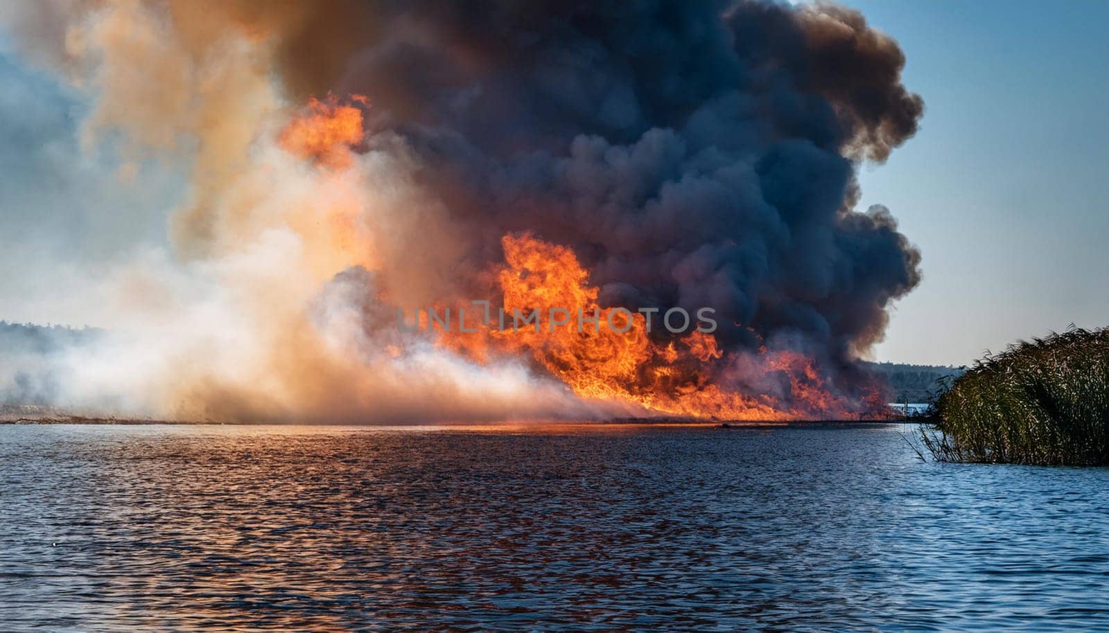 fire and smoke in the water, AI generated image