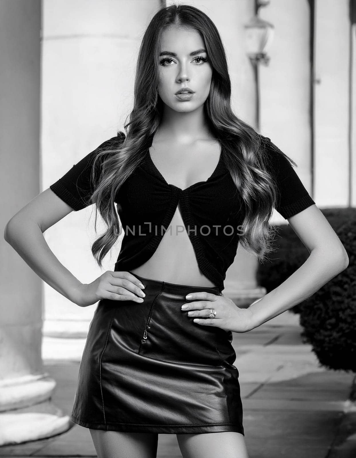 pretty young woman in black and white in miniskirt, AI generated image