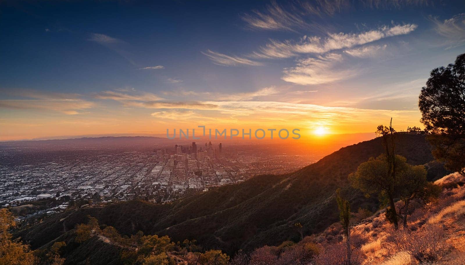 urban sunset landscape scene, AI generated image
