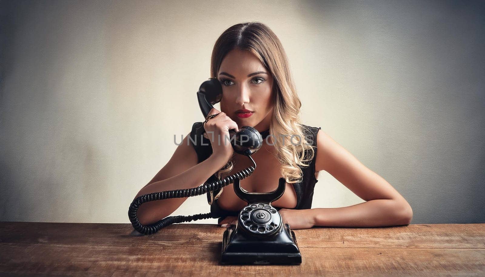 gorgeous young woman speaking on the phone, AI generated image