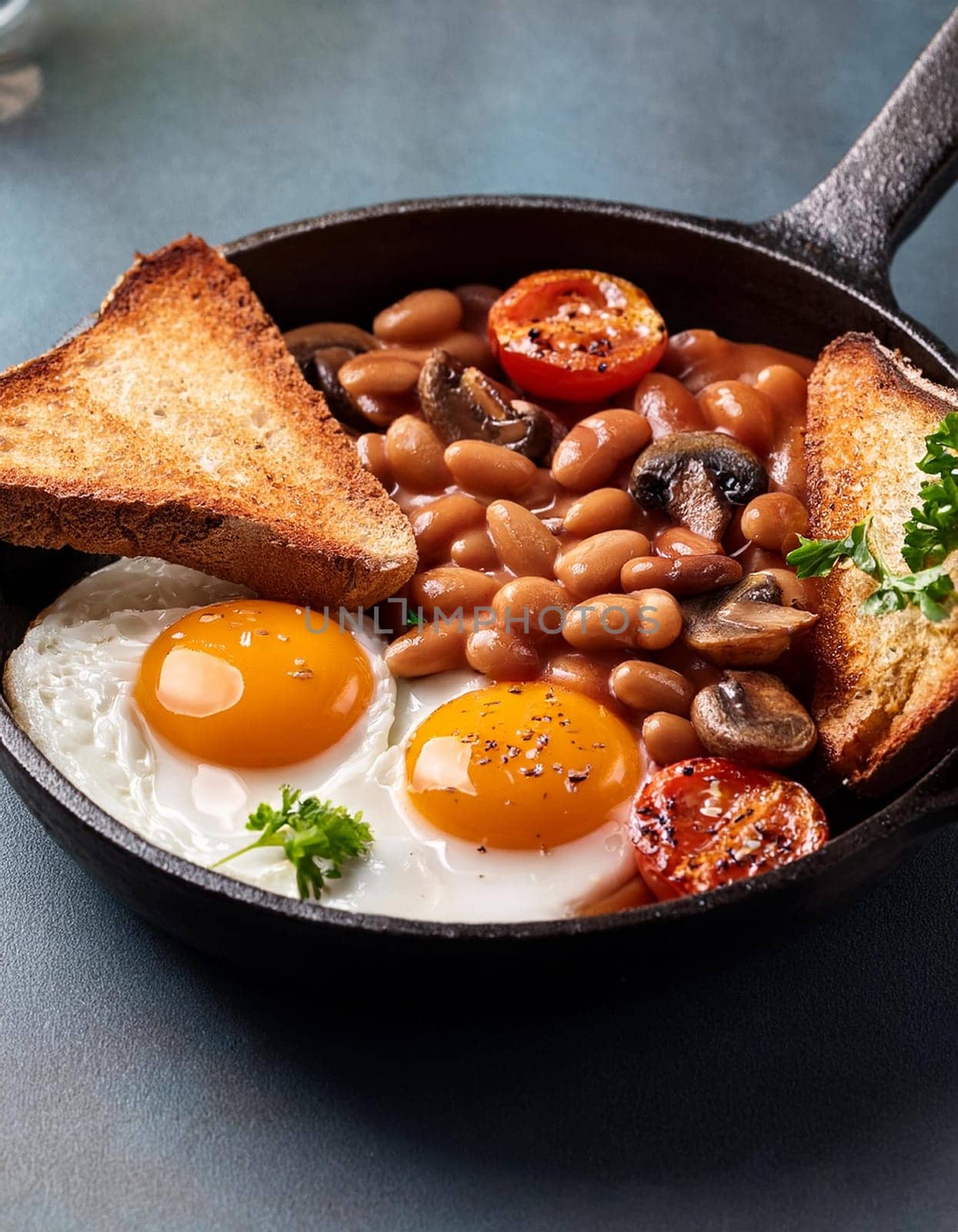vegetarian English breakfast with baked beans fried mushrooms and egg, AI generated image