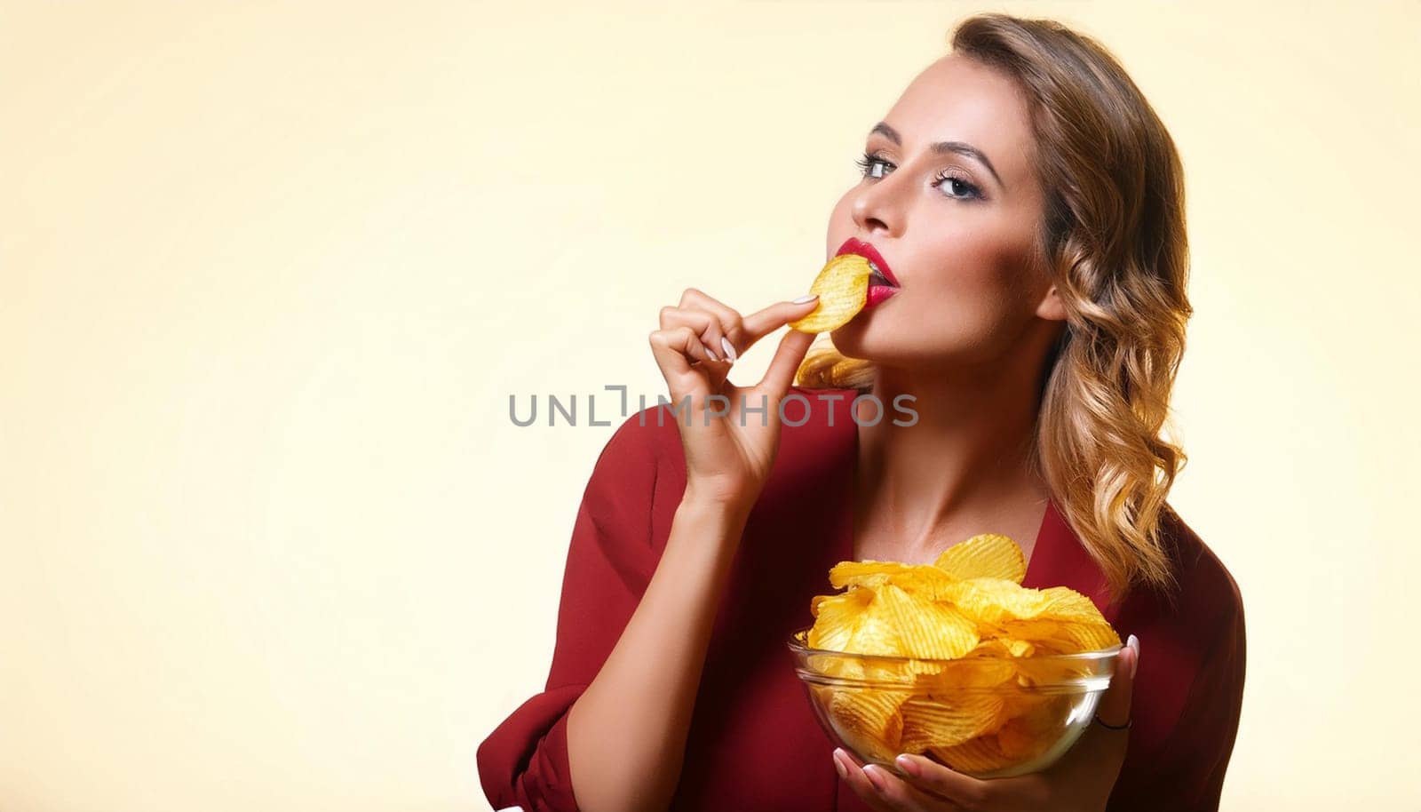 gorgeous young woman eating chips, AI generated image