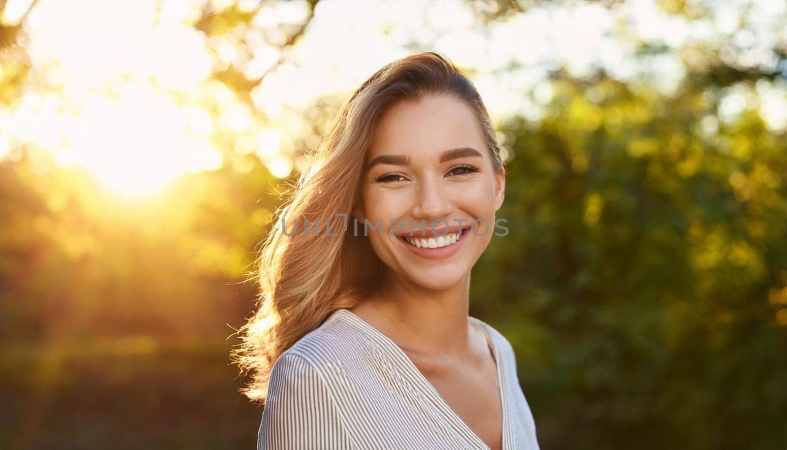 gorgeous young woman with sun behind, AI generated image