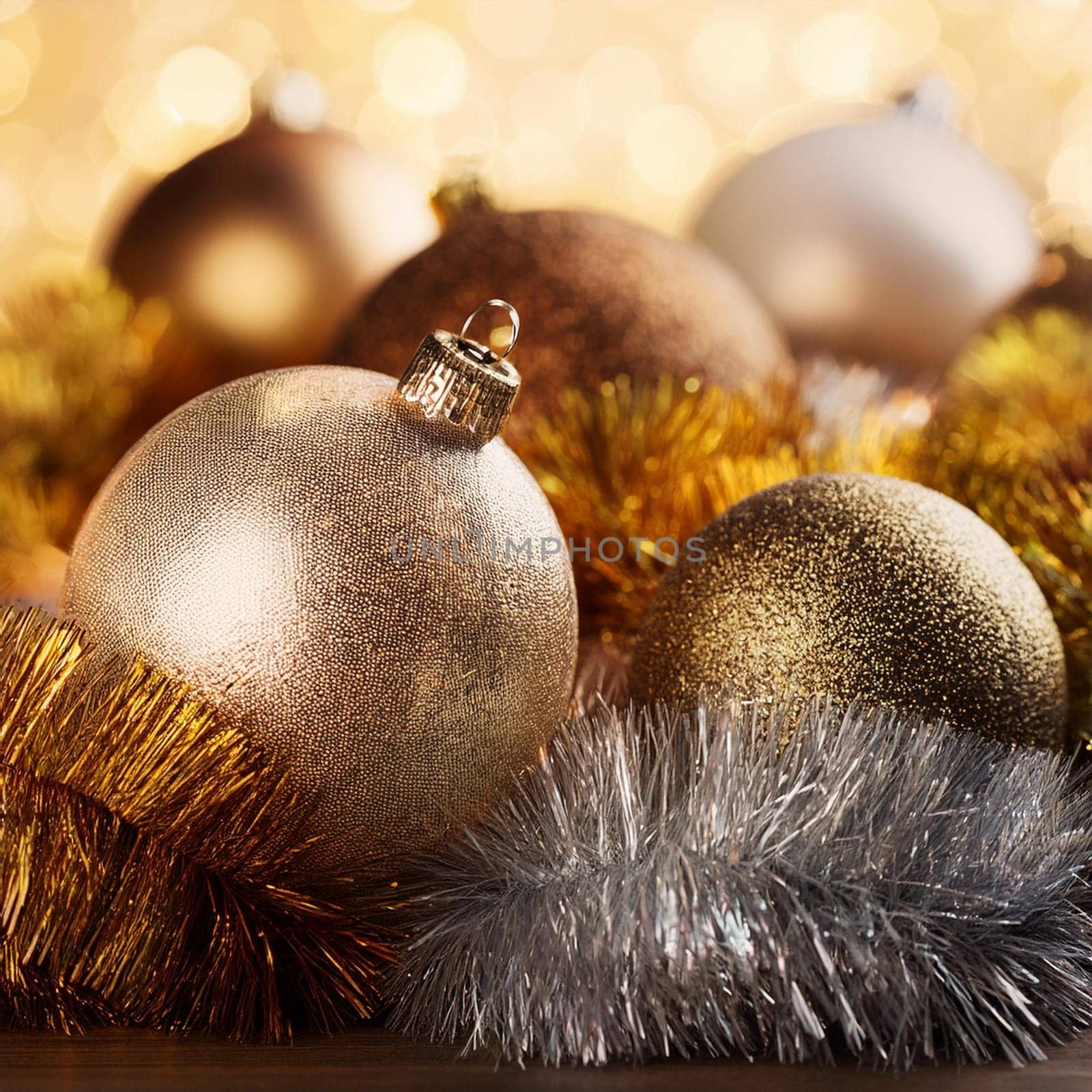 Tinsel and baubles for Christmas tree decoration, AI generated image