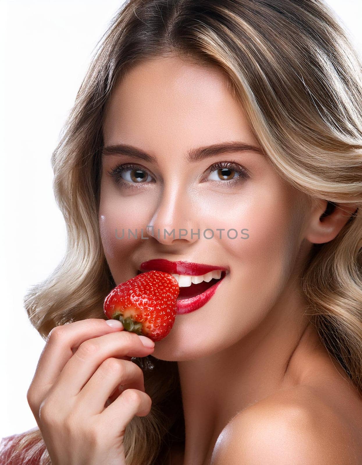 gorgeous young woman eating strawberries, AI generated image