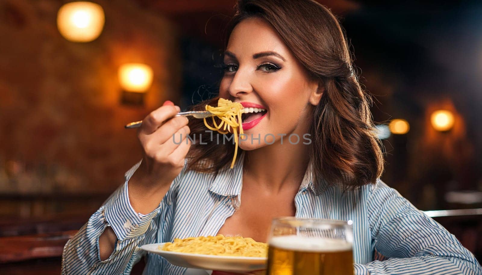 gorgeous young woman eating macaroni cheese and drinking beer at pub, AI generated image