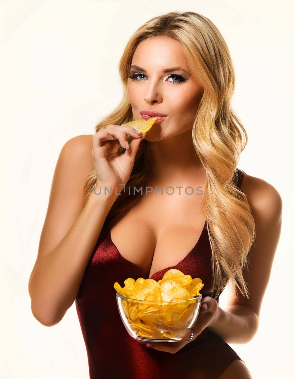 gorgeous young woman eating chips, AI generated image