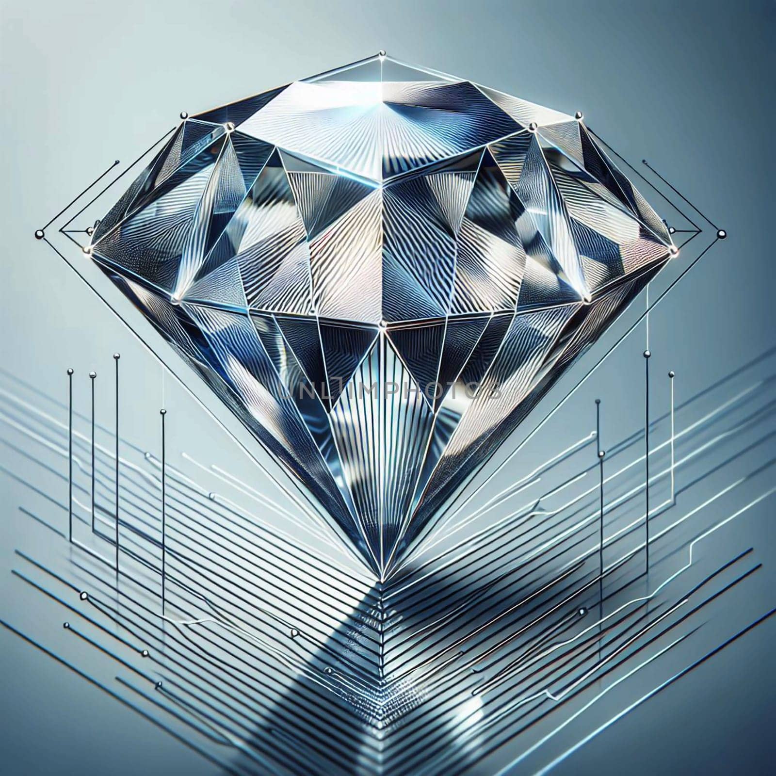 A 3D rendered image of a diamond with a geometric, faceted design. The diamond is positioned over a circuit board, suggesting a connection between technology and luxury. A high-quality photo.