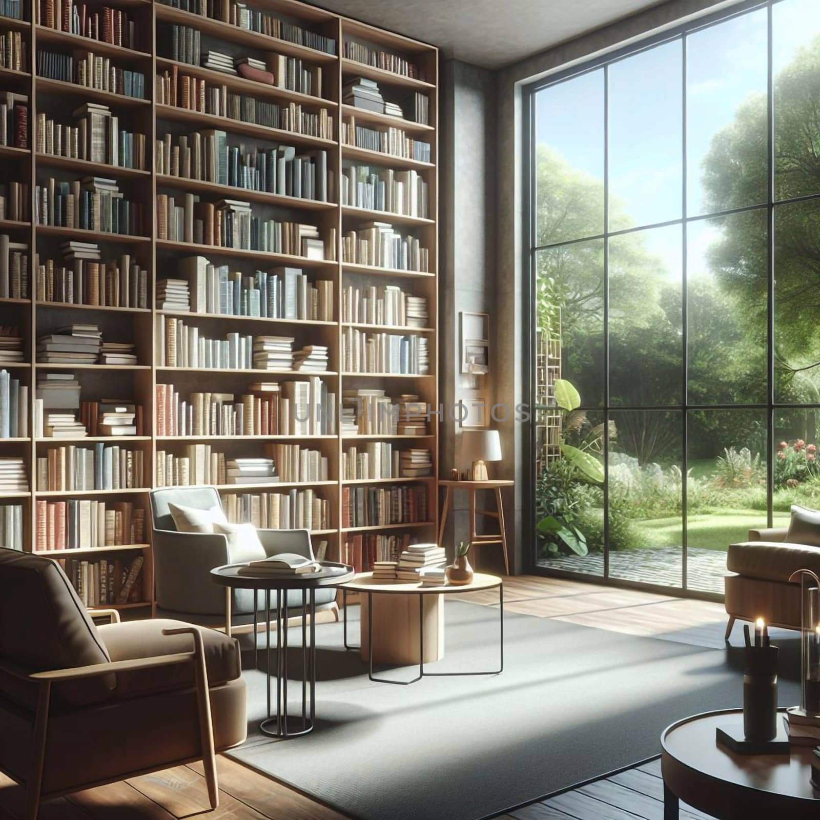 A cozy and inviting reading room with a large bookshelf filled with books, comfortable chairs, and a large window overlooking a lush garden. A high-quality photo.