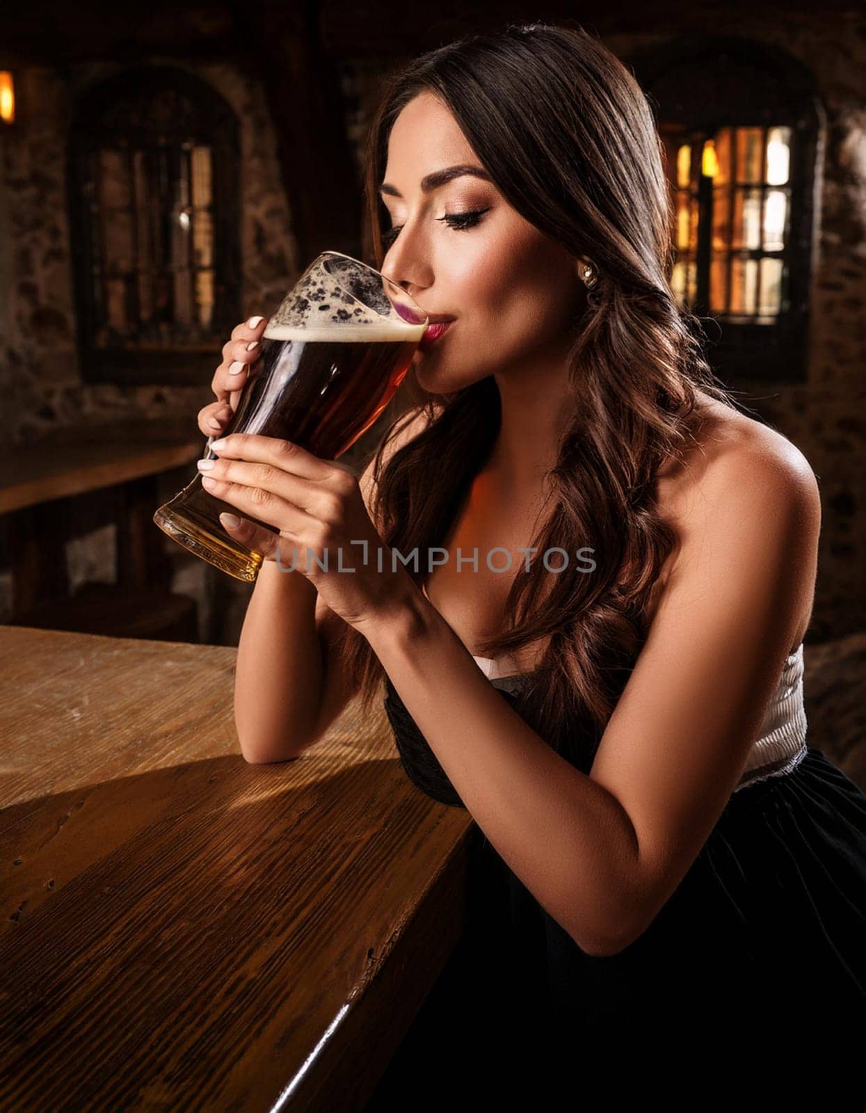 pretty young goth woman drinking dark beer in medieval tavern, AI generated image