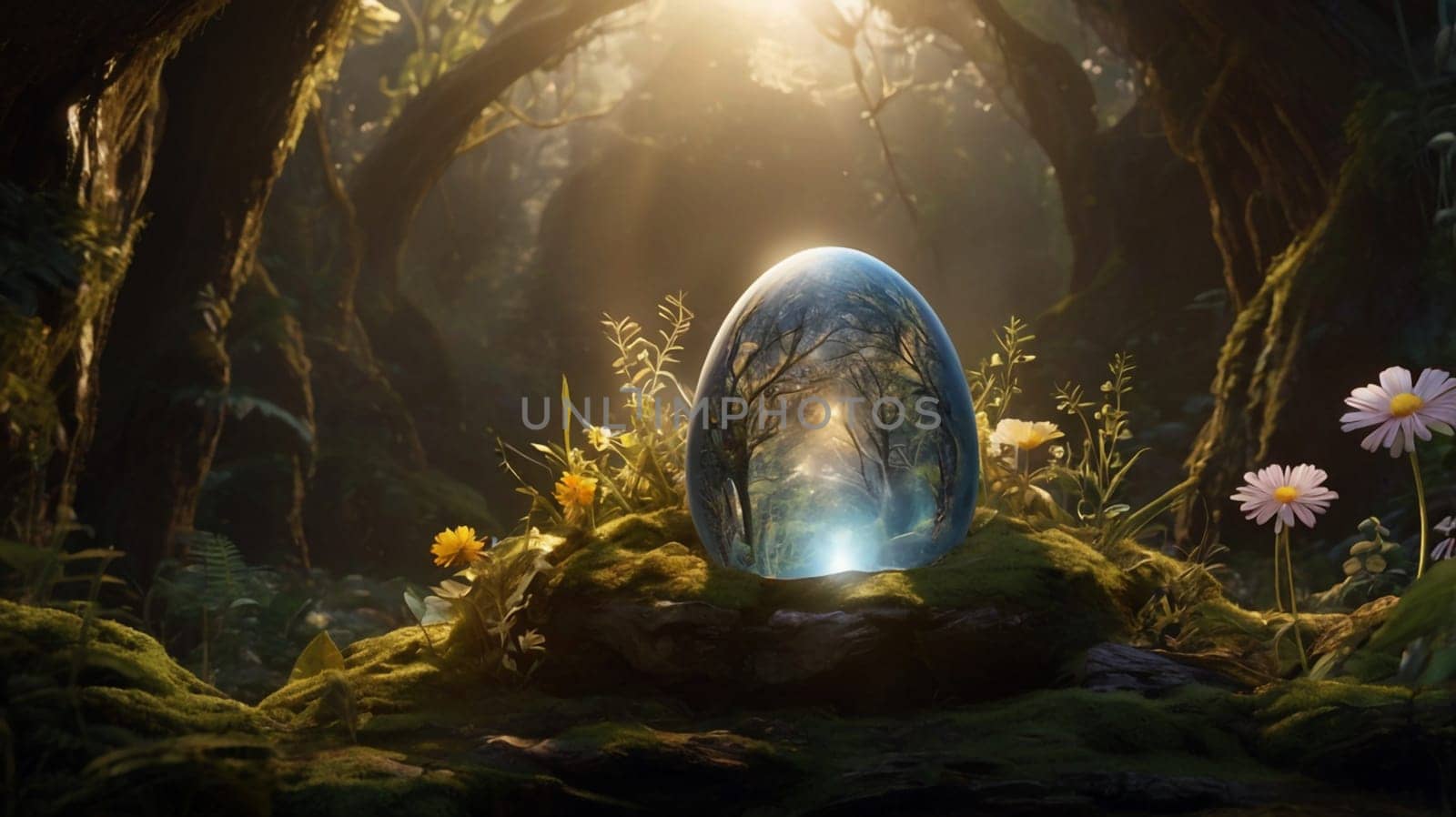 A magical image of a transparent egg with a forest scene inside, resting on a mossy rock in a forest. A high-quality photo.