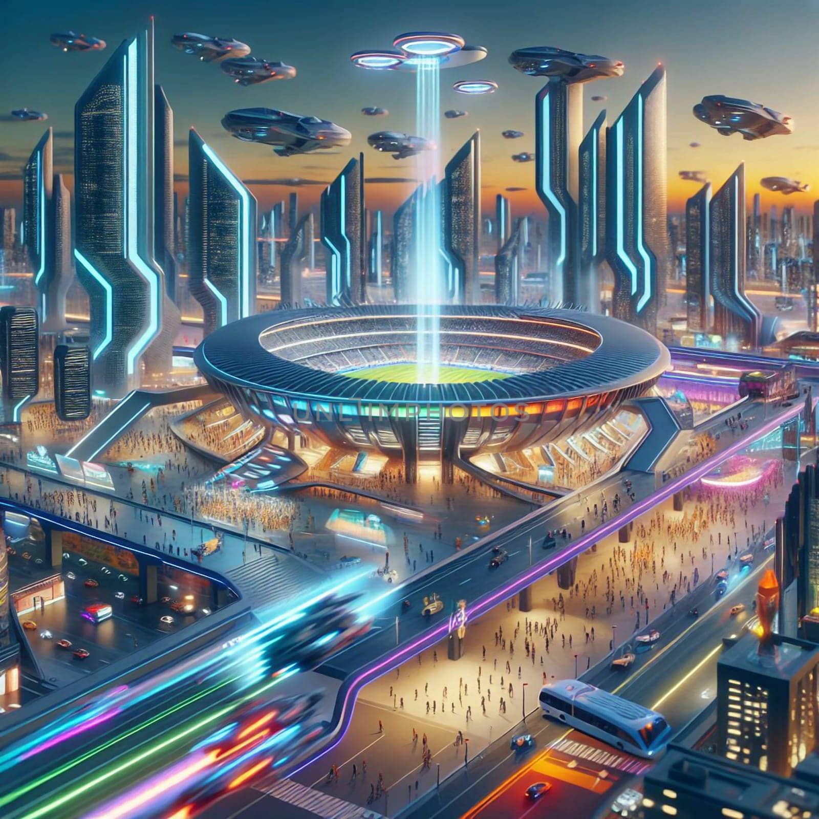 A futuristic city with a stadium in the center, surrounded by flying vehicles and a bustling crowd. A high-quality photo.