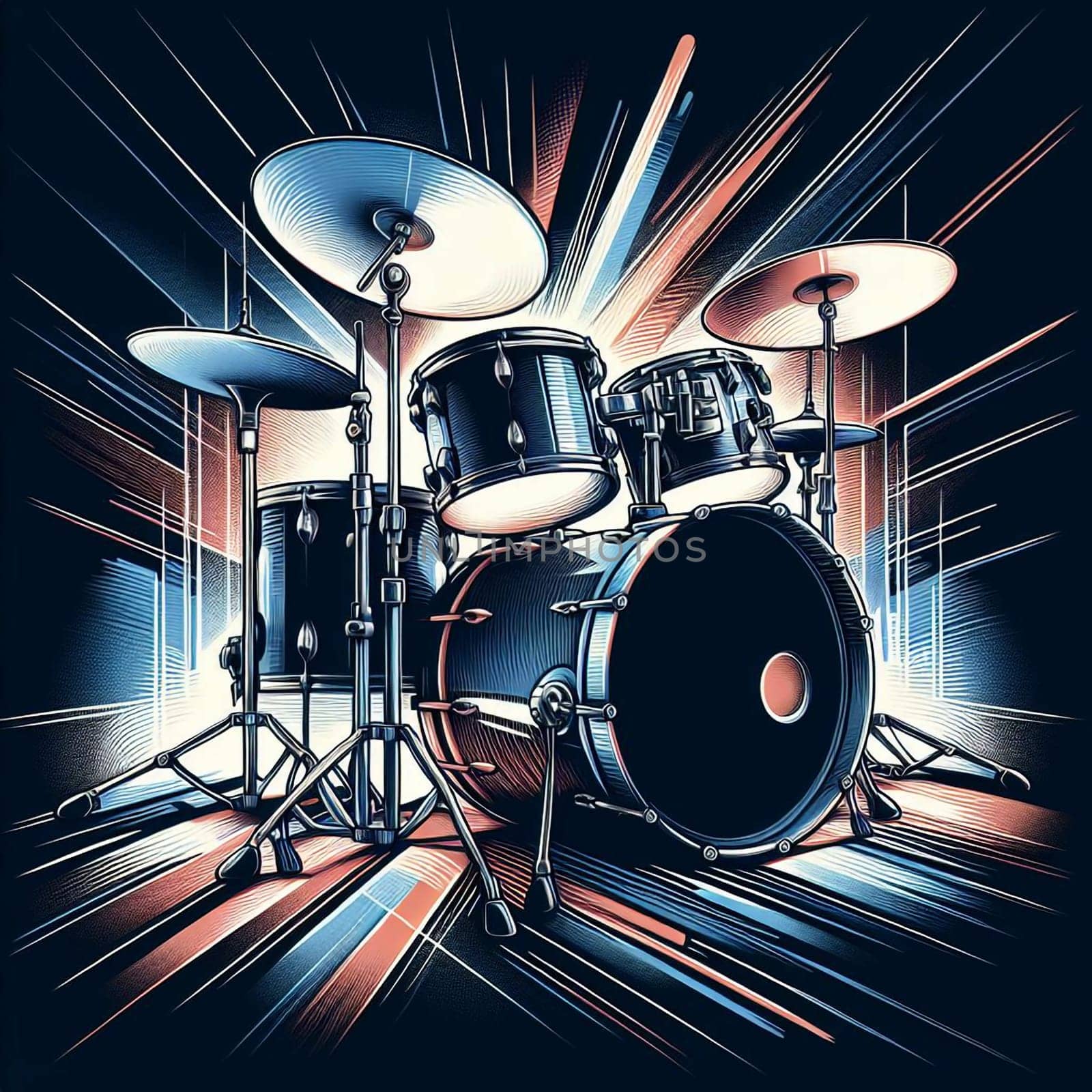A stylized illustration of a drum set with a dynamic, colorful background, capturing the energy and excitement of music. A high-quality photo.
