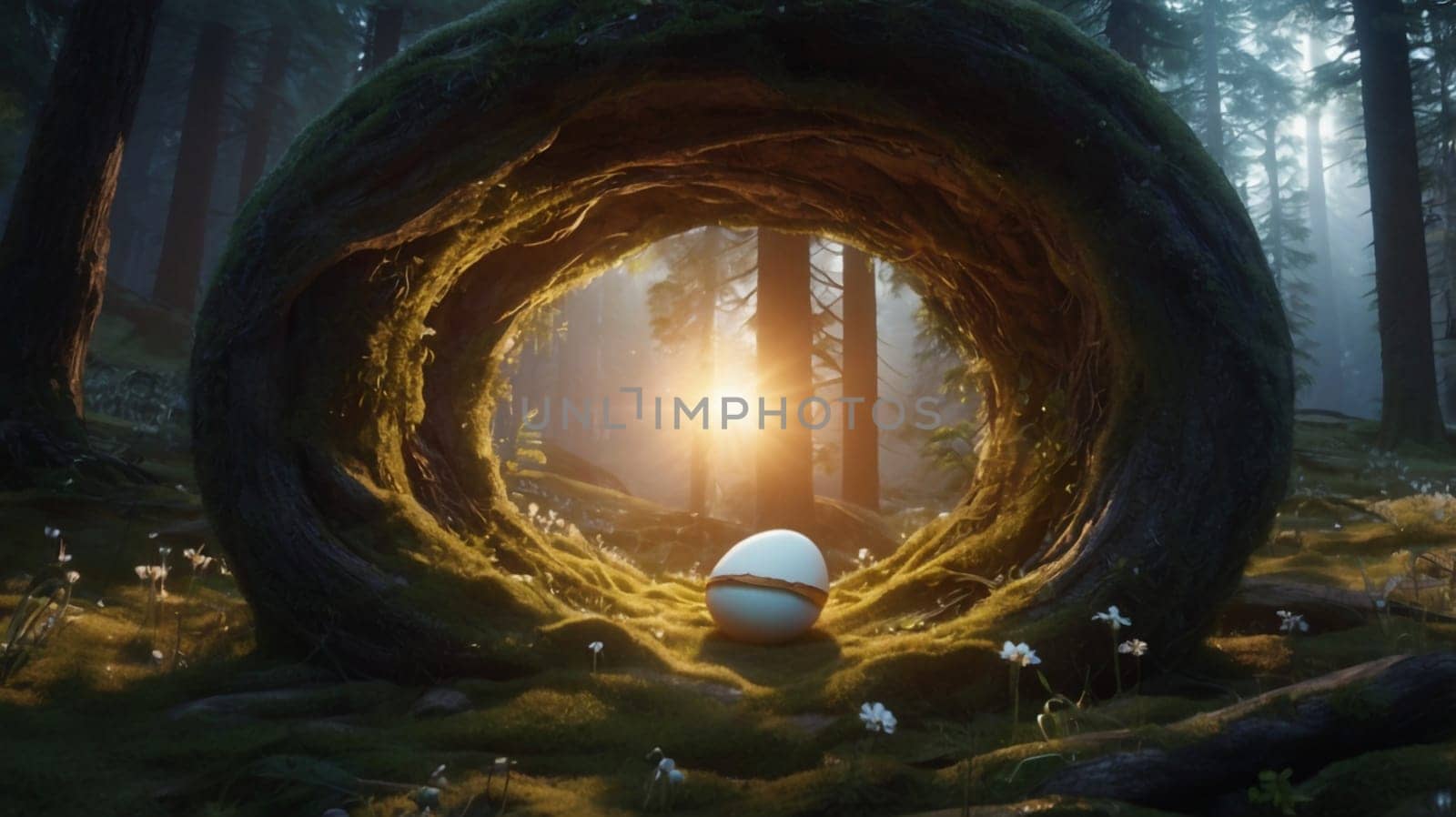 A mystical scene of a broken egg in a forest, with sunlight shining through the broken shell. A high-quality photo.