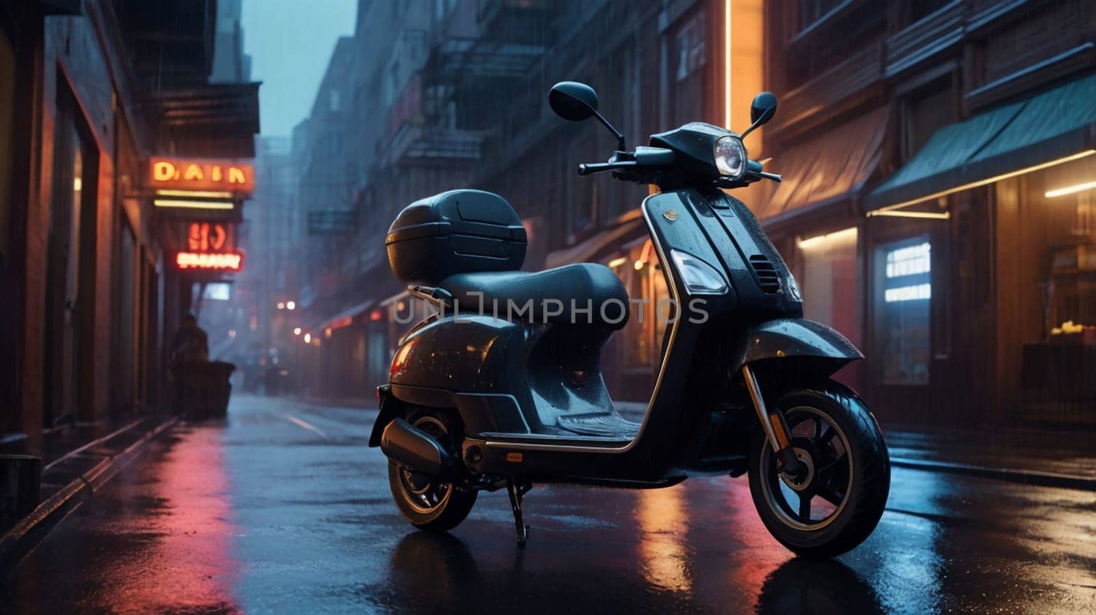 A sleek, black scooter parked on a wet city street at night. A high-quality photo.