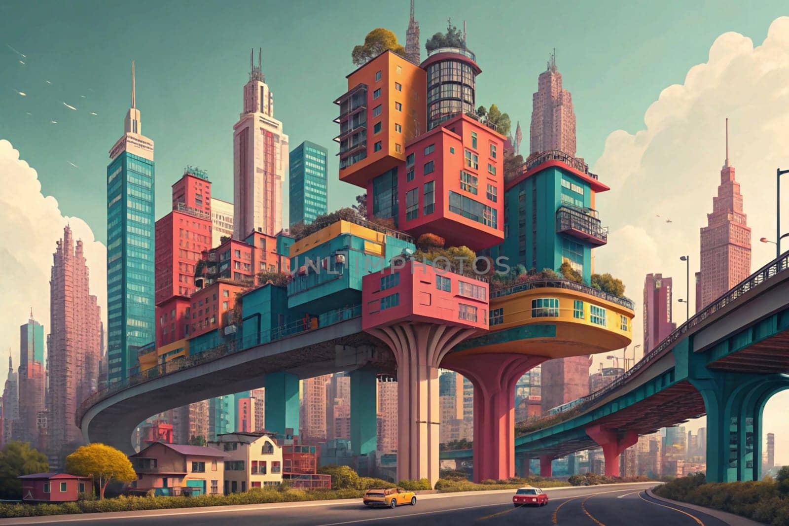 A whimsical illustration of a futuristic city, with buildings stacked on top of each other and a highway bridge connecting them. The image features bright colors. A high-quality photo.