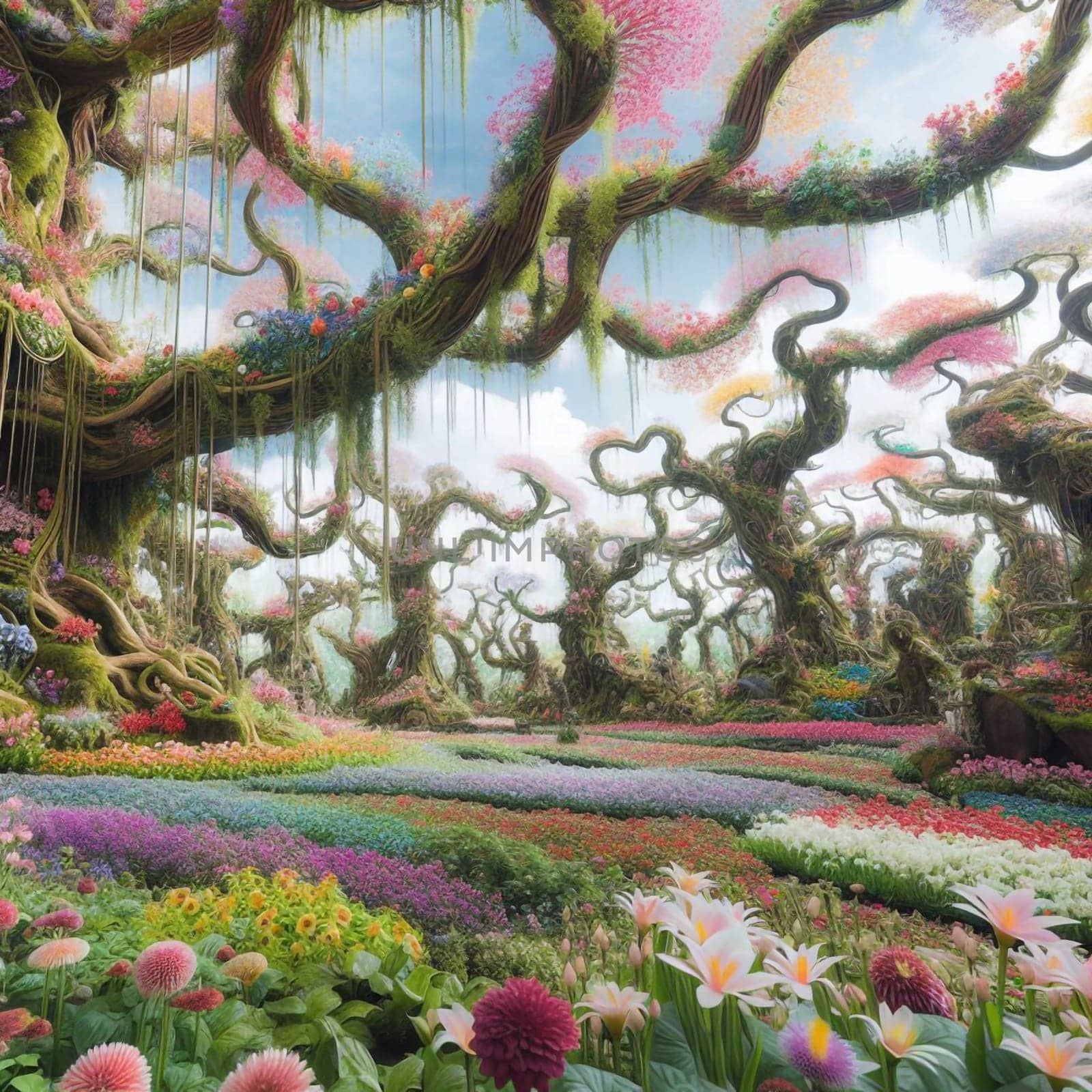 A magical and enchanting forest scene with vibrant flowers, twisting trees, and a whimsical atmosphere. A high-quality photo.