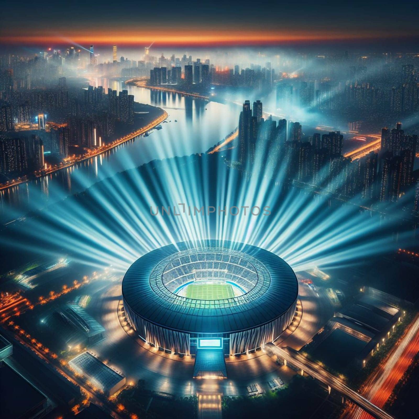 An aerial view of a stadium illuminated at night, with a city skyline in the background. A high-quality photo.