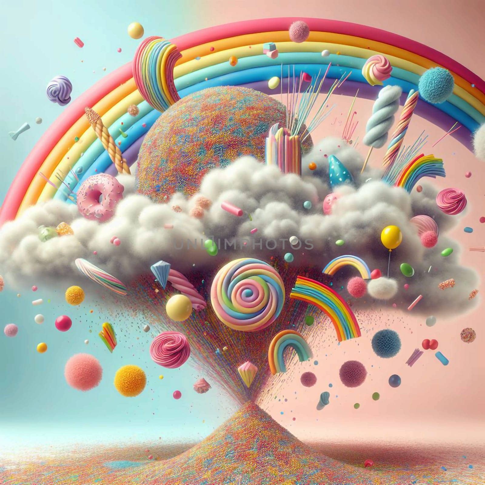A whimsical 3D illustration of a candy explosion, with colorful candies, sprinkles, and a rainbow bursting out from a cloud-like structure. A high-quality photo.