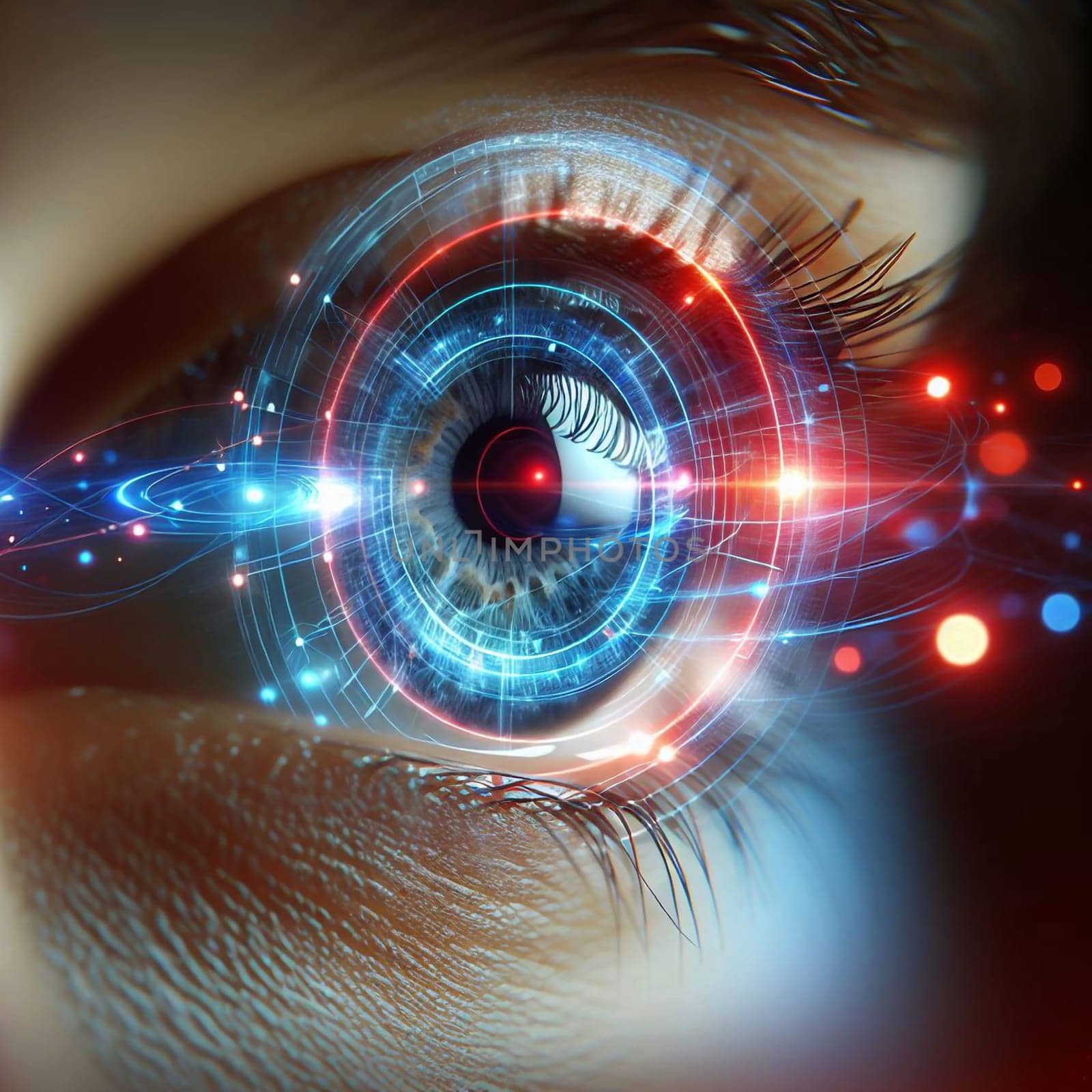 A close-up of a human eye with a digital interface superimposed on it, representing the intersection of technology and humanity. A high-quality photo.