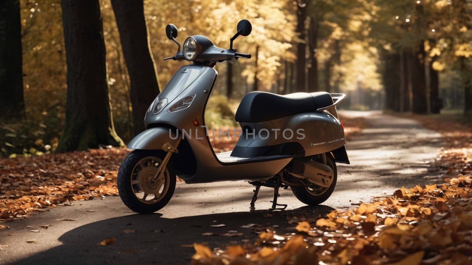 A silver scooter parked on a path in a forest during autumn. The fallen leaves create a beautiful and natural setting. A high-quality photo.